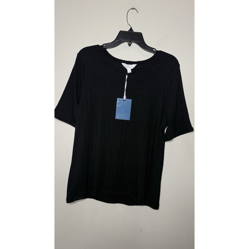 Market & Spruce Womens Large Top NWT Black Ribbed Short Sleeve Lettuce Trim Tee